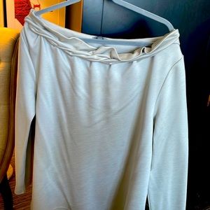 Knit top long sleeve with ruffled neckline rayon poly blend in silvery grey